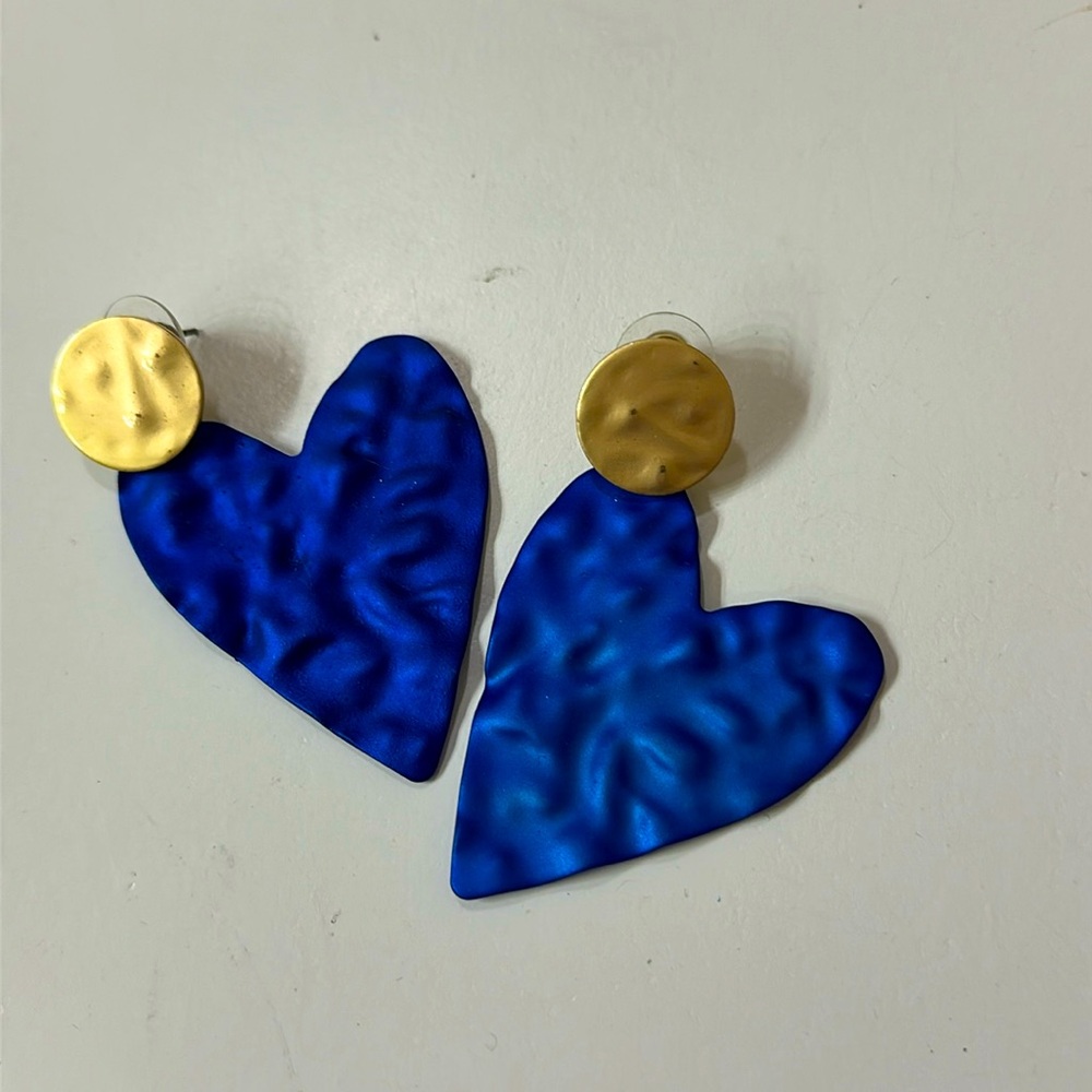 Blue & Gold Heart Metal Earrings